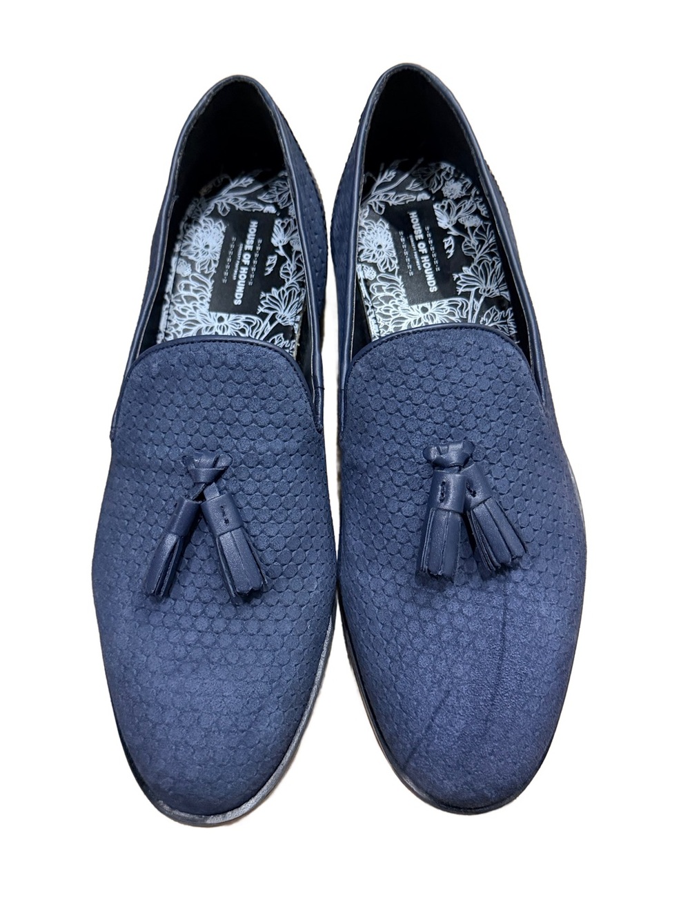 House of Hounds Pointer Loafers Navy Blue Embossed Suede Tassel EU 44 US 11 NWOT